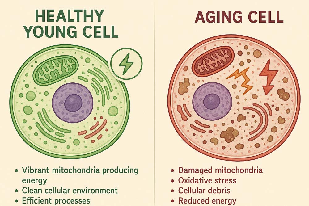 The difference between healthy young cells and aging cells