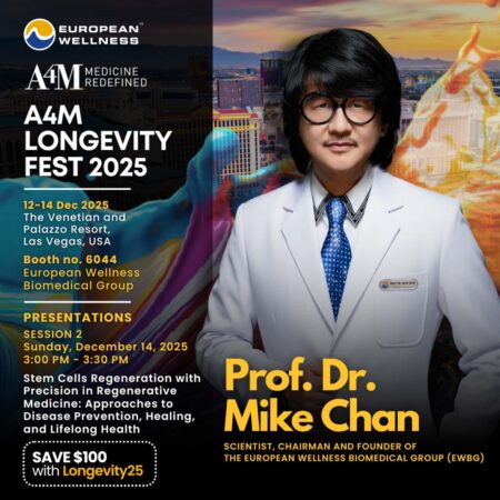 Event poster highlights Prof. Dr. Mike Chan’s presentation on stem-cell regeneration at A4M LongevityFest 2025, held at The Venetian and Palazzo Resort in Las Vegas.
