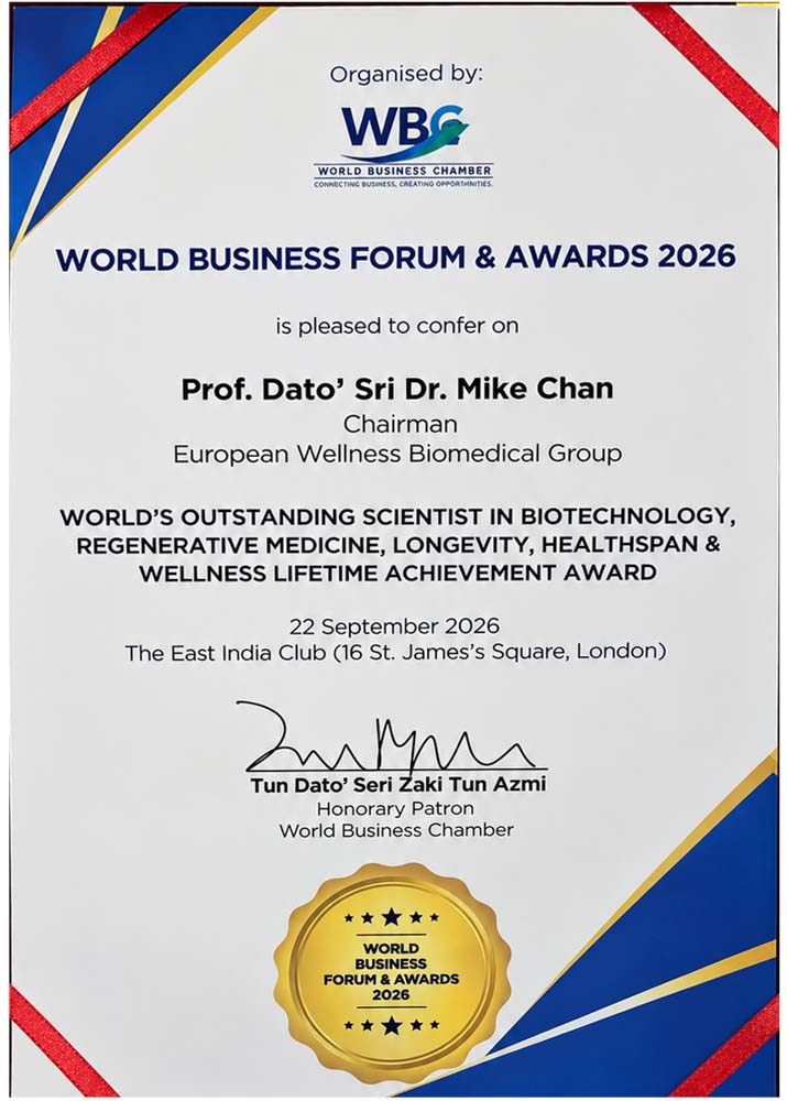World’s Outstanding Scientist in Biotechnology, Regenerative Medicine, Longevity, Healthspan & Wellness — Lifetime Achievement Award