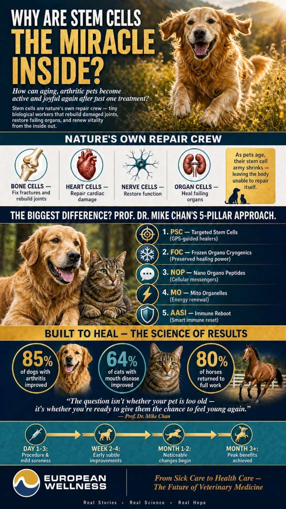 A visual summary of Prof. Dr. Mike Chan's five-pillar regenerative approach to pet health